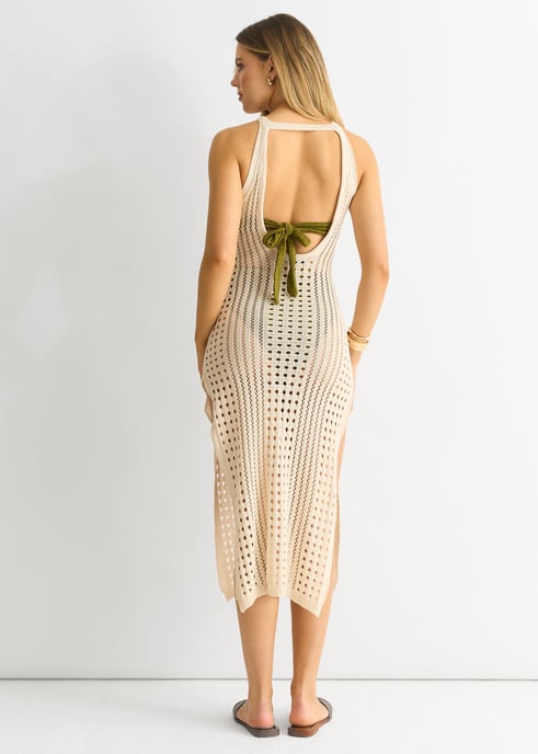 Beige gehaakte bodycon jurk met split - Image 4