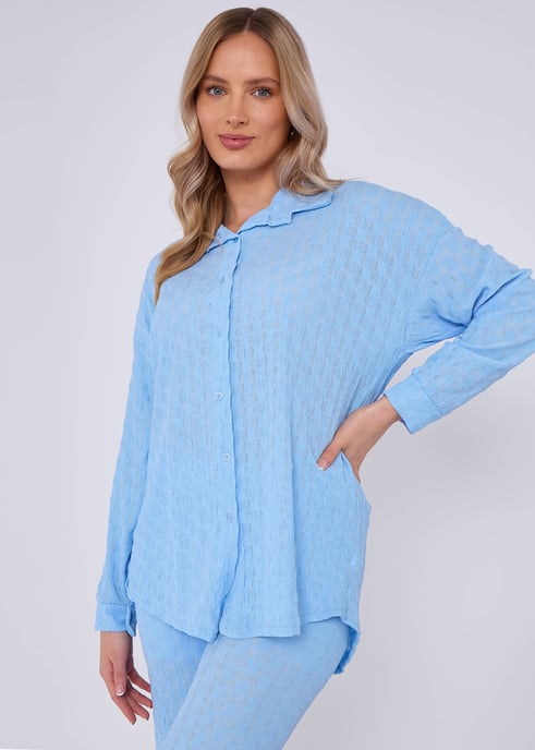 Hemelsblauw gestructureerd oversized shirt met lange mouwen - Image 2