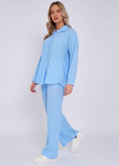 Hemelsblauw gestructureerd oversized shirt met lange mouwen - Image 3