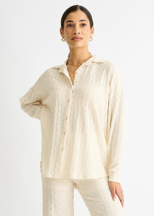 Beige getextureerd oversized shirt met lange mouwen - Image 1