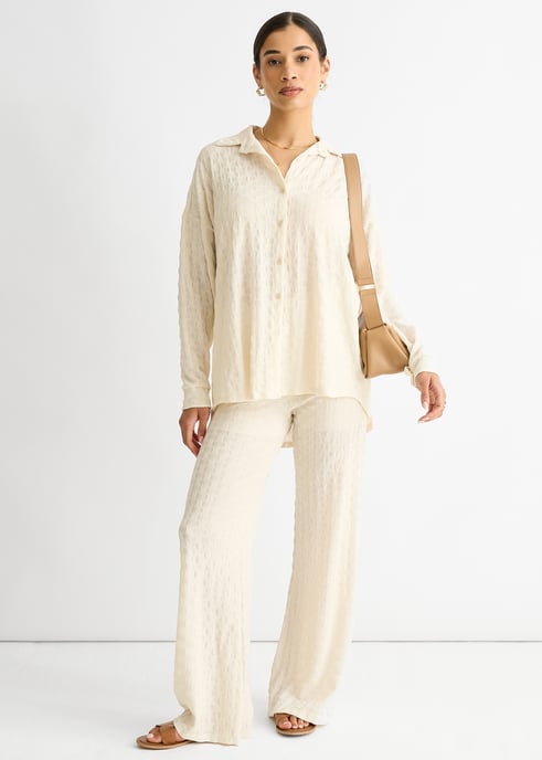 Beige getextureerd oversized shirt met lange mouwen - Image 2