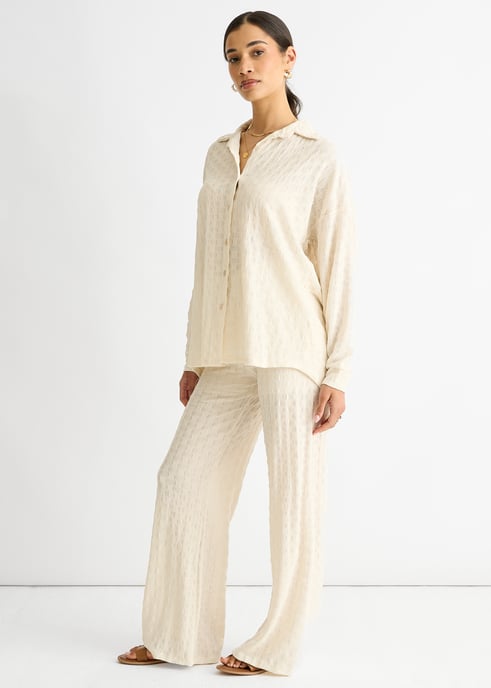 Beige getextureerd oversized shirt met lange mouwen - Image 3