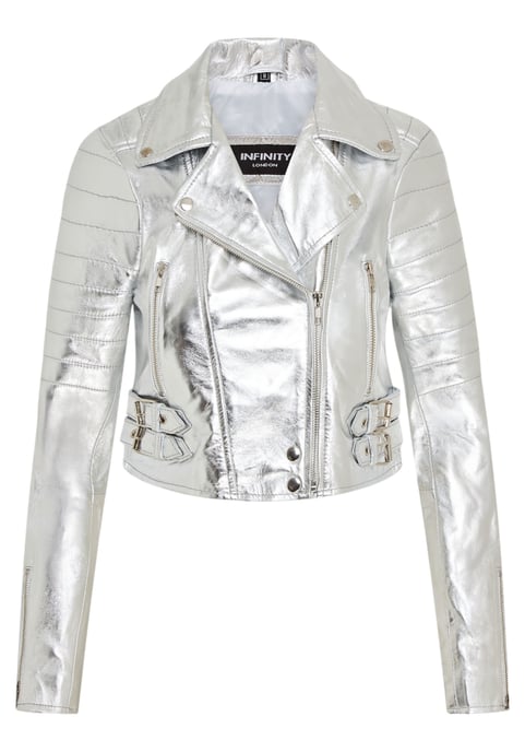 Dames zilveren cropped Brando leren bikerjack - Damascus - Image 1