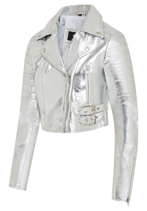 Dames zilveren cropped Brando leren bikerjack - Damascus - Image 3