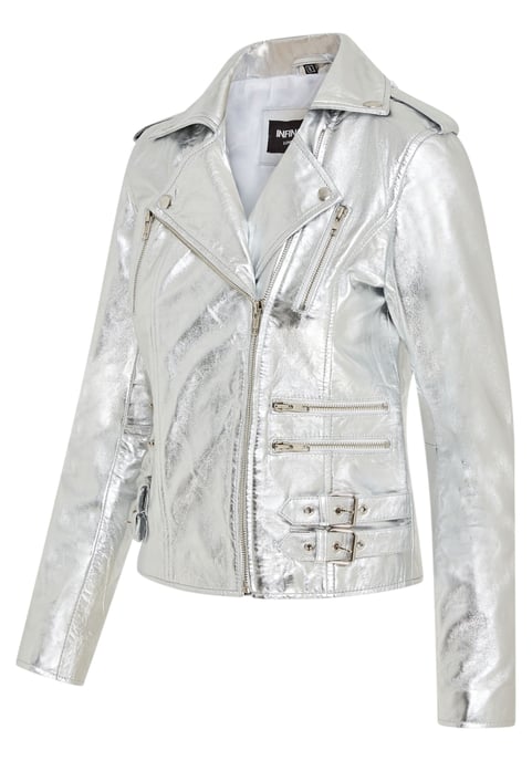 Dames leren zilveren Brando bikerjack - Loddon - Image 3