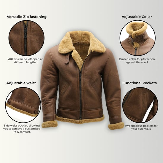 Heren Ginger Brown B3 WW2 Schapenvacht Leren Vliegeniersjack - Paars - Image 3