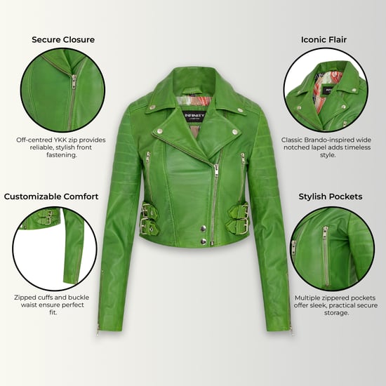 Dames appelgroene cropped Brando leren bikerjack - Damascus - Image 2