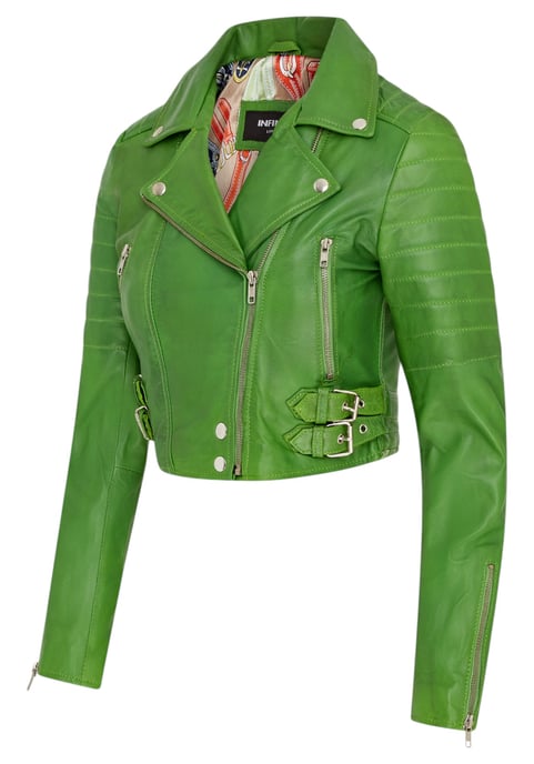Dames appelgroene cropped Brando leren bikerjack - Damascus - Image 3