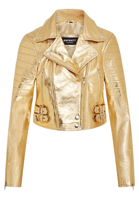 Dames Gouden Cropped Brando Leren Bikerjack - Damascus - Image 1