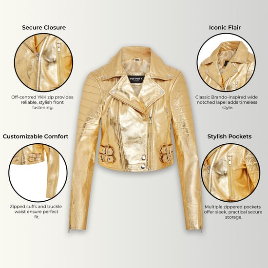 Dames Gouden Cropped Brando Leren Bikerjack - Damascus - Image 2