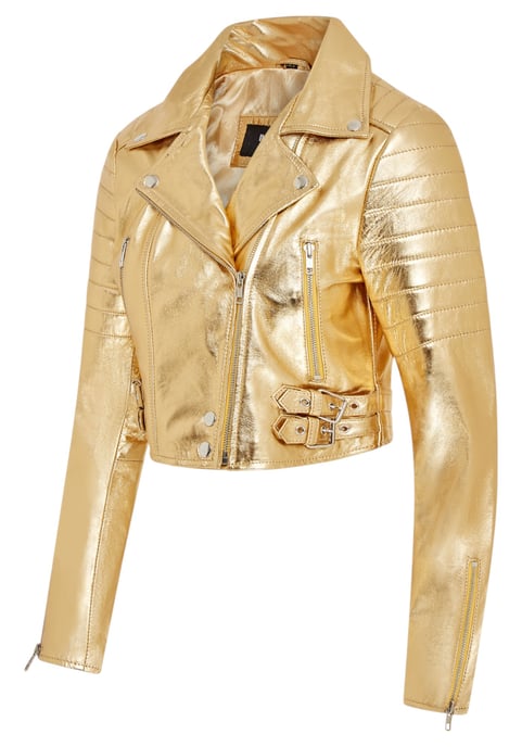 Dames Gouden Cropped Brando Leren Bikerjack - Damascus - Image 3
