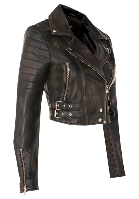 Vintage zwarte cropped Brando leren bikerjack voor dames - Bellville - Image 4