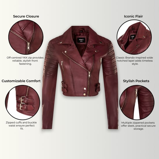 Dames Burgundy Cropped Brando leren bikerjack - Bellville - Image 3