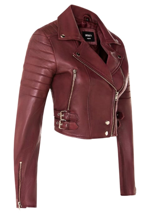 Dames Burgundy Cropped Brando leren bikerjack - Bellville - Image 4