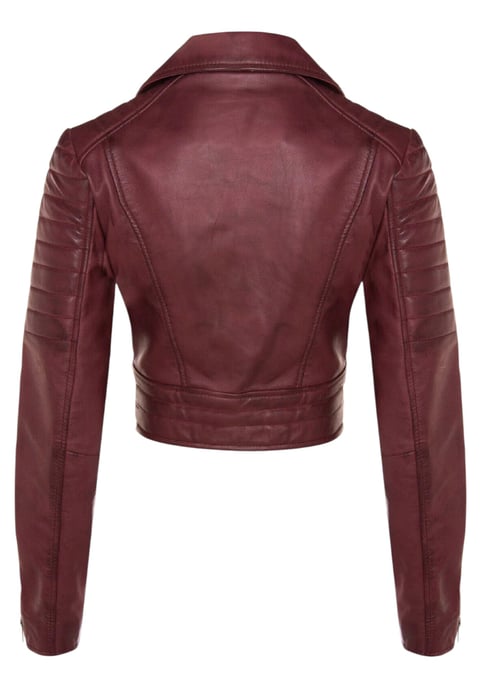 Dames Burgundy Cropped Brando leren bikerjack - Bellville - Image 5