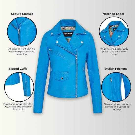 Dames Blauw Classic Brando Biker Leren Jack - Secunda - Image 3