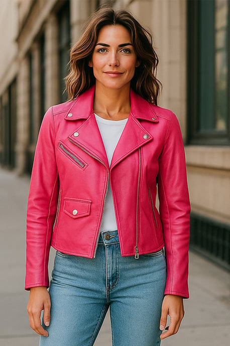 Dames fuchsia roze klassieke Brando biker leren jas - Secunda - Image 1