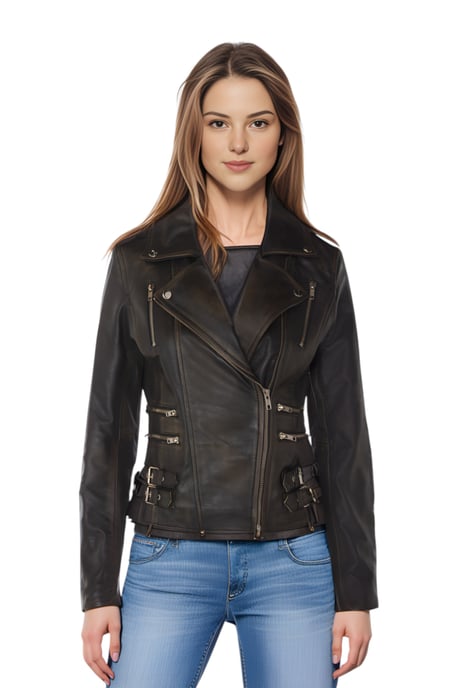 Dames leren vintage zwarte Brando bikerjack - Constantia - Image 1