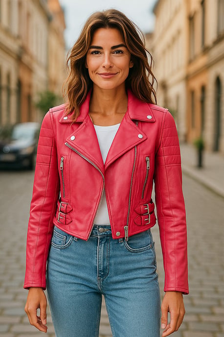Dames fuchsia roze cropped Brando leren bikerjack - Durban - Image 1