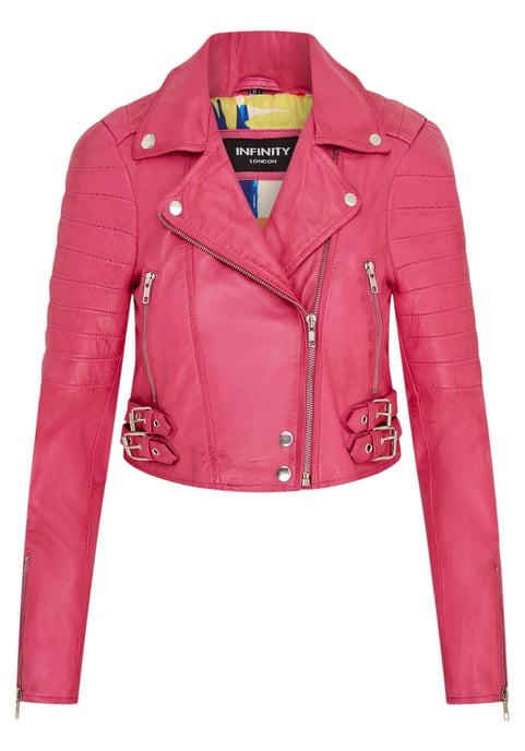 Dames fuchsia roze cropped Brando leren bikerjack - Durban - Image 2