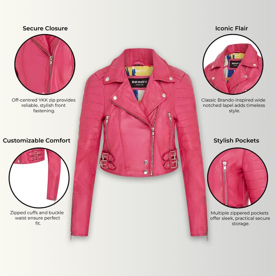 Dames fuchsia roze cropped Brando leren bikerjack - Durban - Image 3
