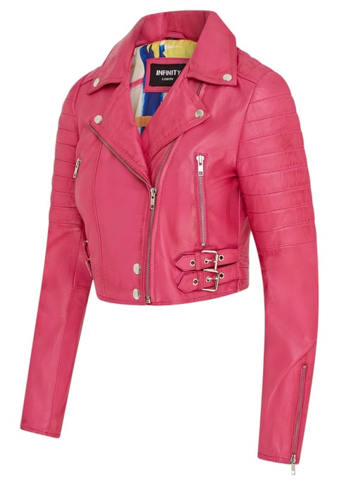 Dames fuchsia roze cropped Brando leren bikerjack - Durban - Image 4