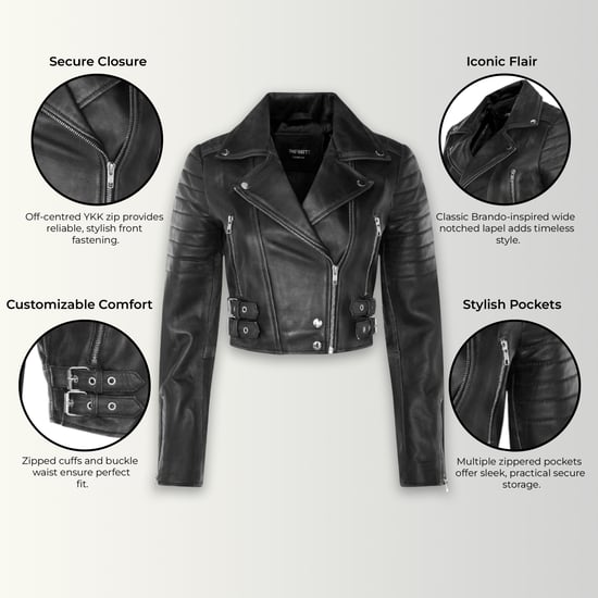 Dames zwarte cropped Brando leren bikerjack - Bellville - Image 3