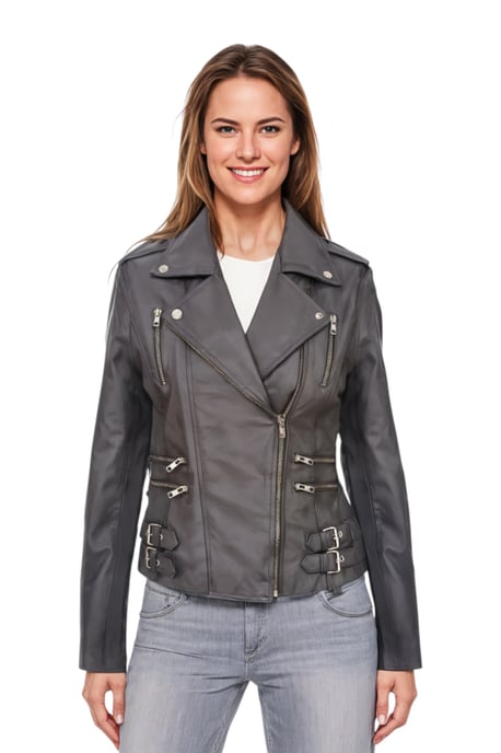 Dames leren grijze Brando bikerjack - Constantia - Image 1