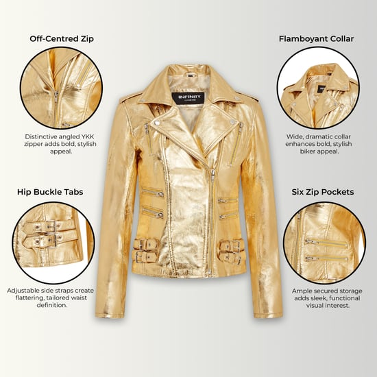 Dames leren gouden Brando bikerjack - Loddon - Image 2