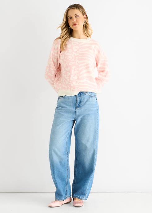 Roze Contrast Zebra Dier Brei Trui - Image 1