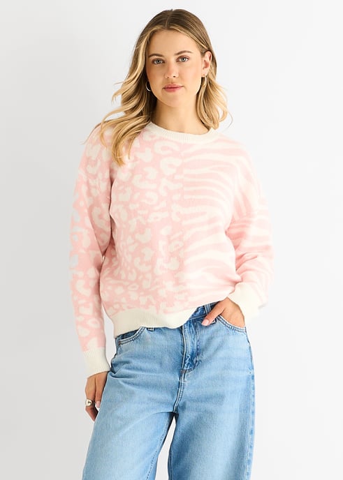 Roze Contrast Zebra Dier Brei Trui - Image 2