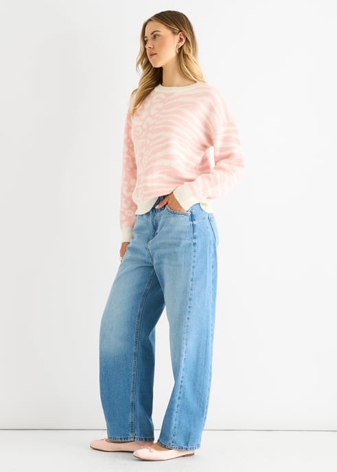 Roze Contrast Zebra Dier Brei Trui - Image 3