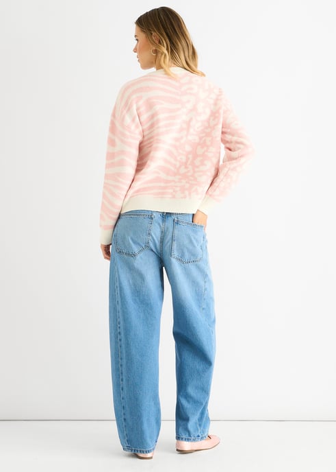 Roze Contrast Zebra Dier Brei Trui - Image 4