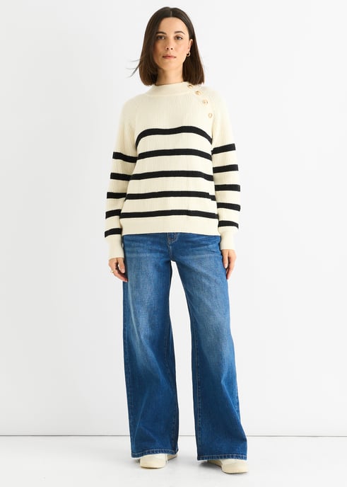 Crèmekleurige oversized trui met strepen, kabelpatroon en knopen - Image 1