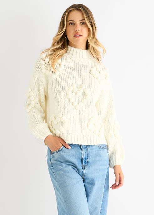 Cream Hart Bubble grof gebreide trui met hoge hals - Image 1