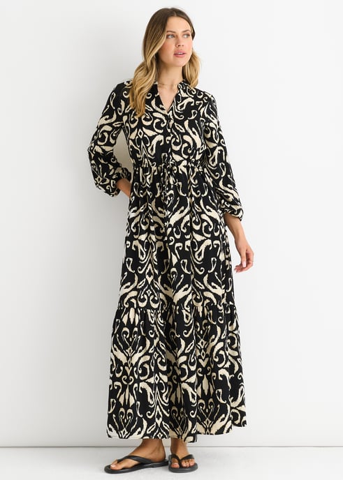 Zwart Ikat Print Tie Waist Maxi Dress - Image 1