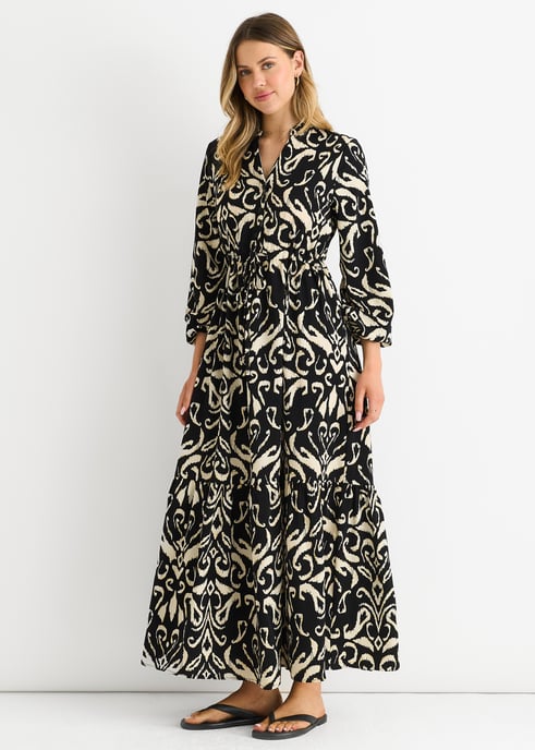 Zwart Ikat Print Tie Waist Maxi Dress - Image 3