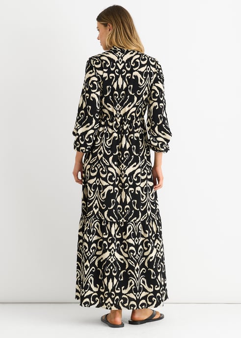 Zwart Ikat Print Tie Waist Maxi Dress - Image 4