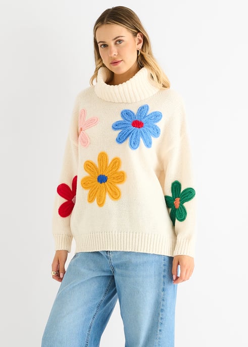Crème gebloemde applique oversized trui - Image 1
