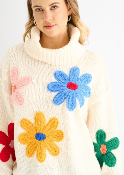 Crème gebloemde applique oversized trui - Image 2
