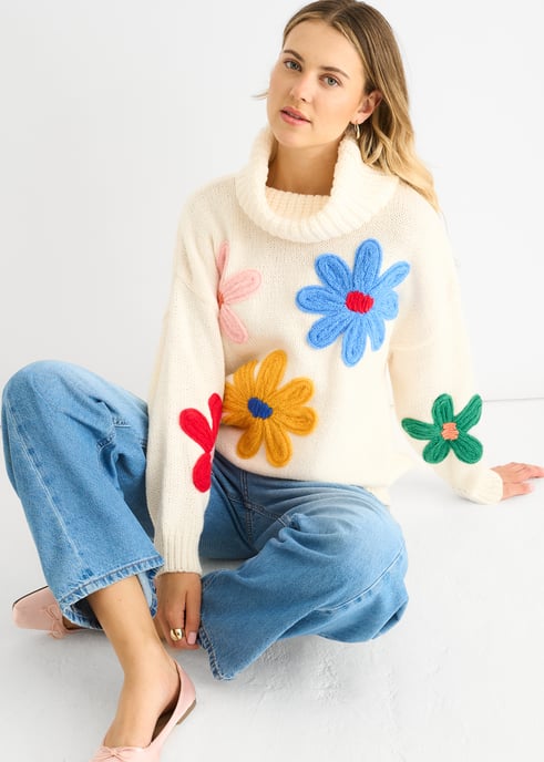 Crème gebloemde applique oversized trui - Image 3