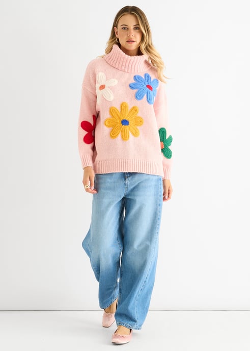 Roze bloemen applicatie oversized trui - Image 1