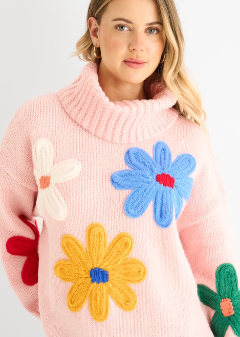 Roze bloemen applicatie oversized trui - Image 2