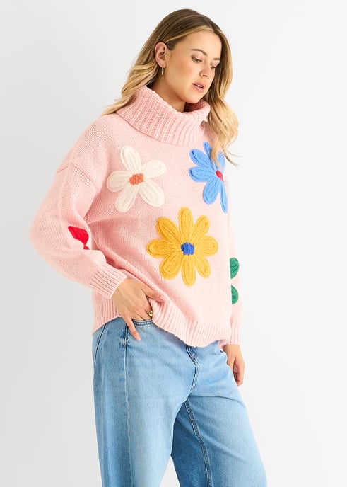 Roze bloemen applicatie oversized trui - Image 3