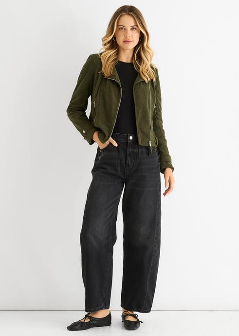 Khaki Corduroy Biker Zip Up Jas - Image 1
