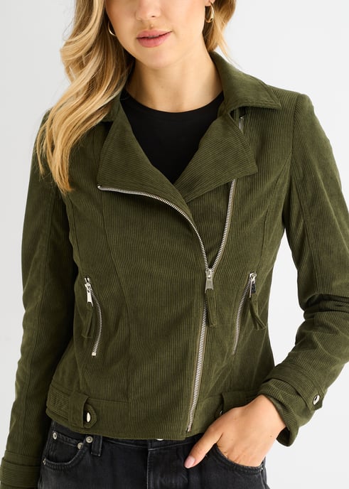 Khaki Corduroy Biker Zip Up Jas - Image 2