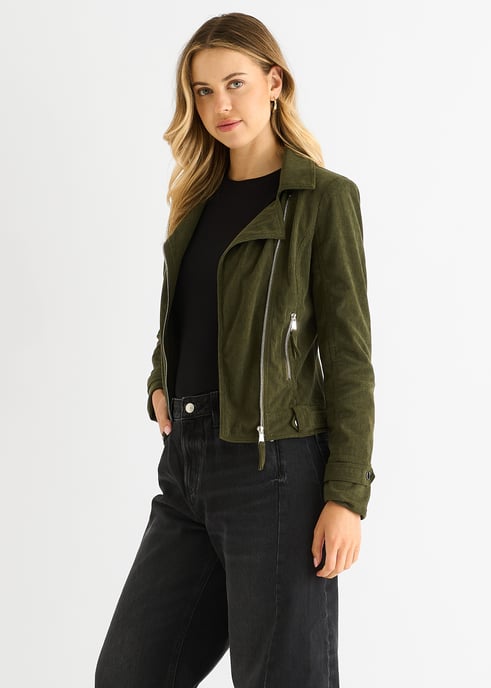 Khaki Corduroy Biker Zip Up Jas - Image 3