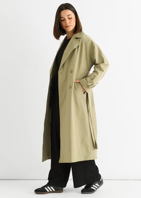 Sage Green Longline Trench Coat met dubbele borst en riem - Image 3