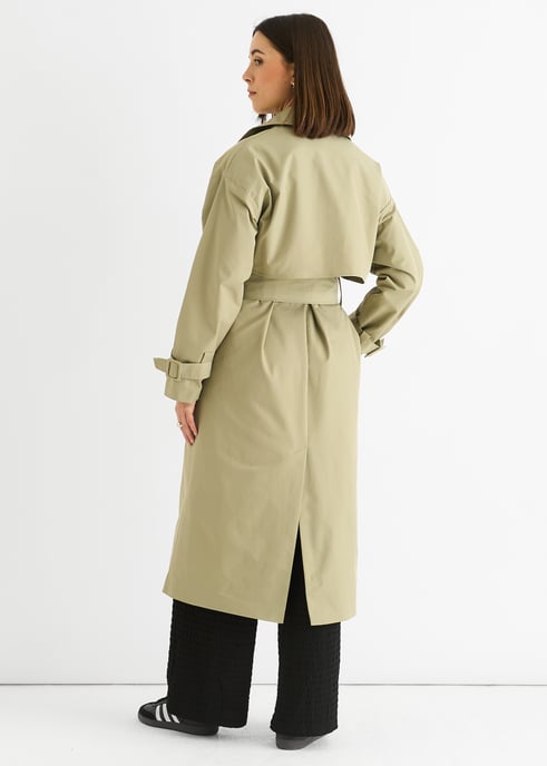 Sage Green Longline Trench Coat met dubbele borst en riem - Image 4