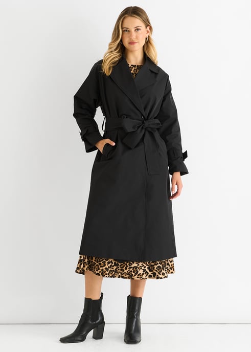 Zwarte longline Trenchcoat met dubbele borst en riem - Image 1